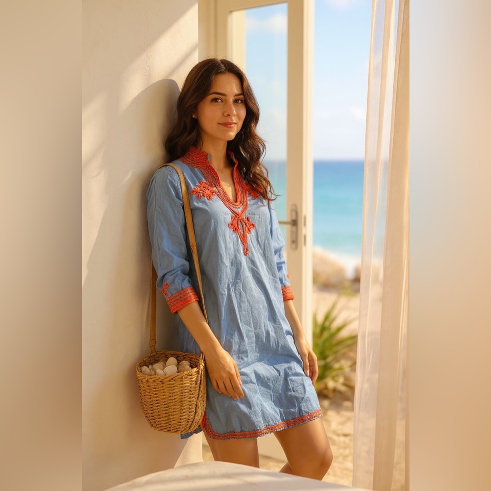 Gretchen Scott Embroidered Blue and Orange Women's TUNIC